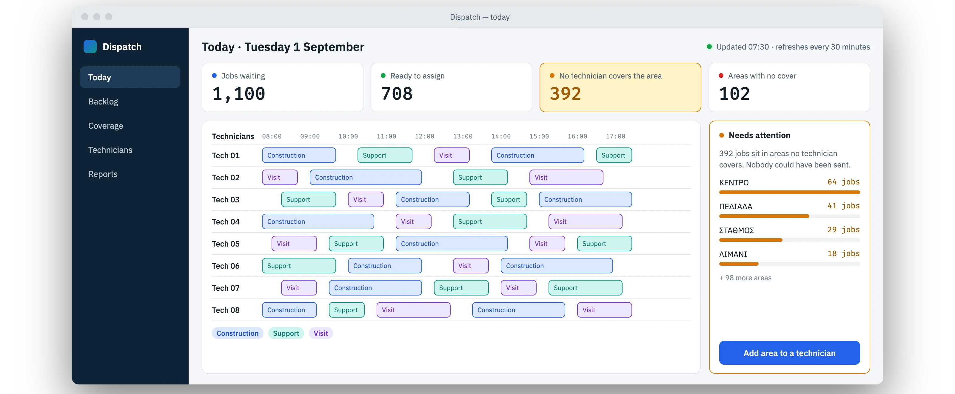 After: Every job and every technician on one screen, every 30 minutes
